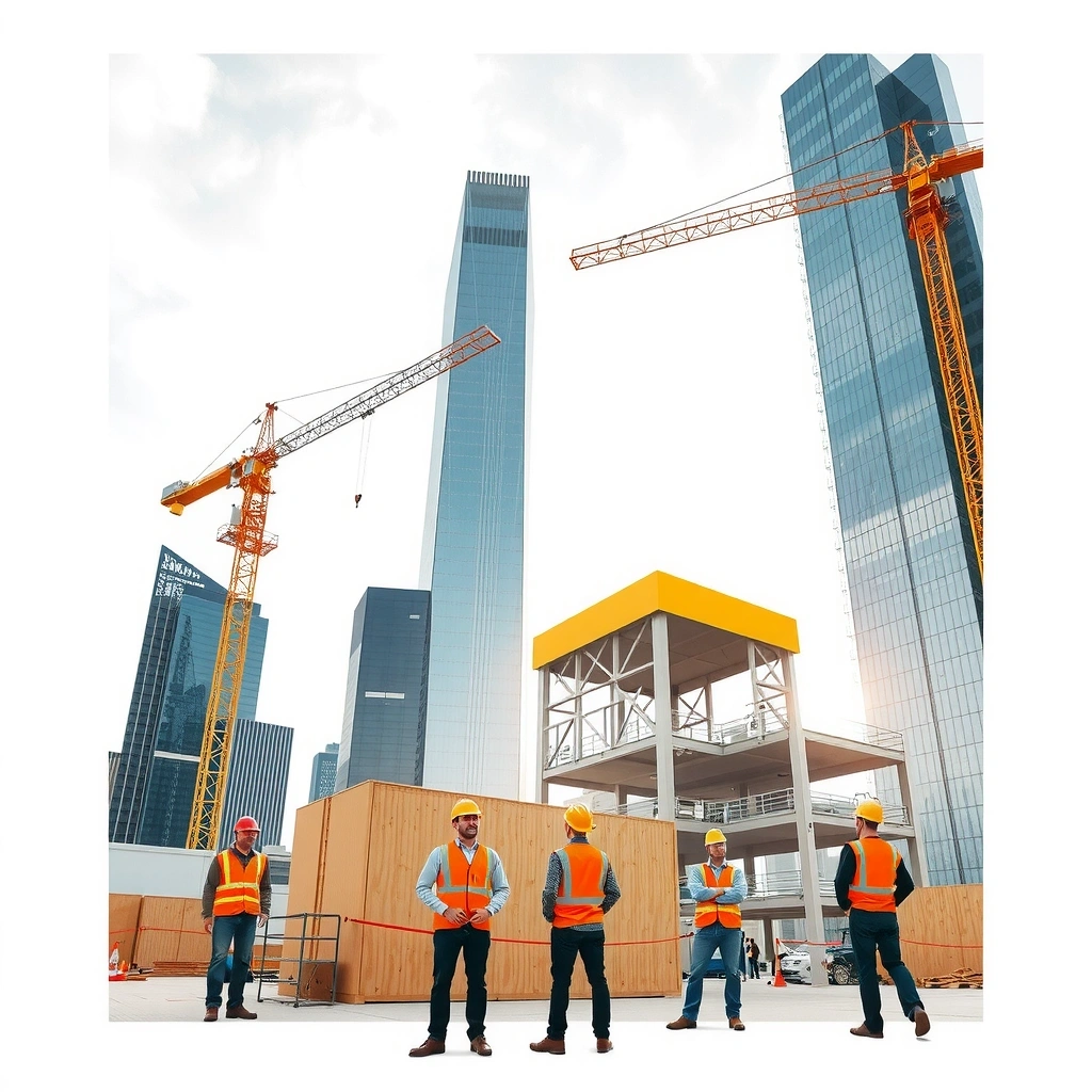 BuildWay construction site with modern buildings and workers